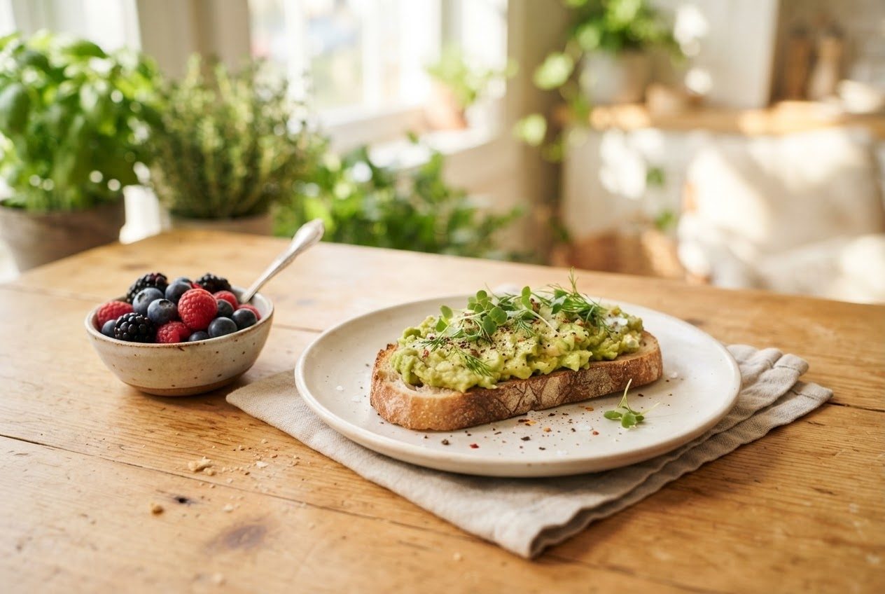 A simple bright snack on a plate on a sunlit kitchen table, fresh and appetising