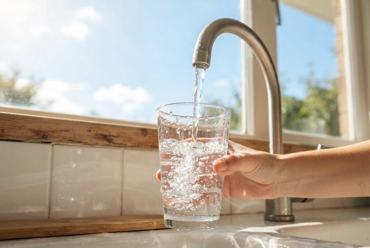 A glass of water being filled at a kitchen tap with sunlight through the window