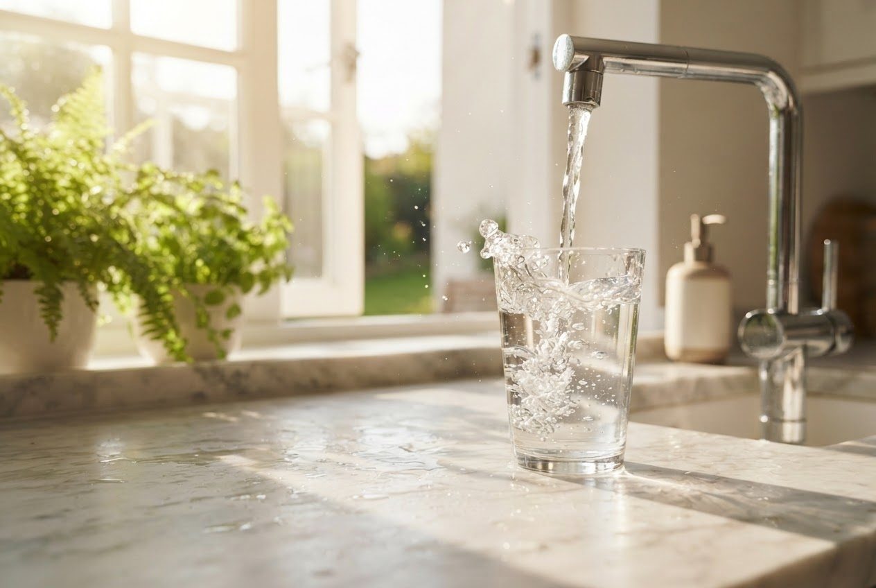 A glass of water being filled at a kitchen tap with sunlight through the window
