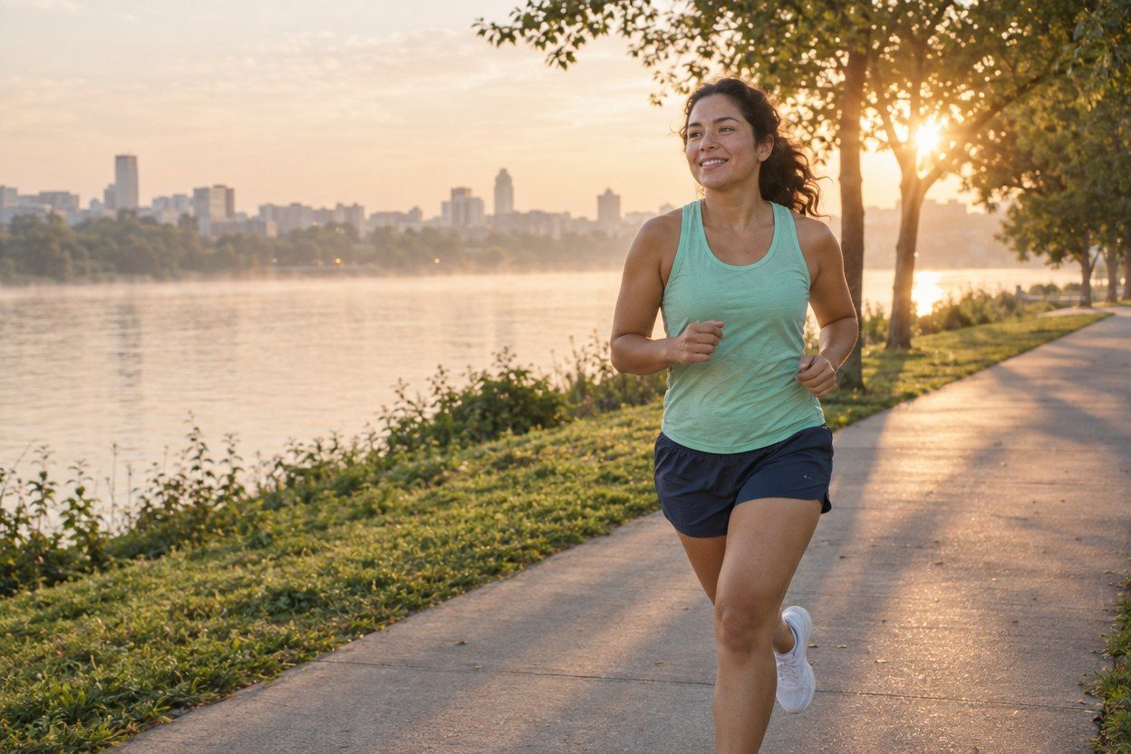 A runner in a mint top beside a lake.