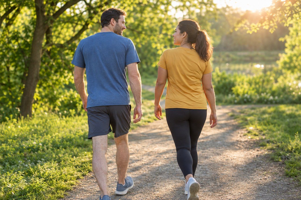 Two people in blue and mustard tops walking on a park path.