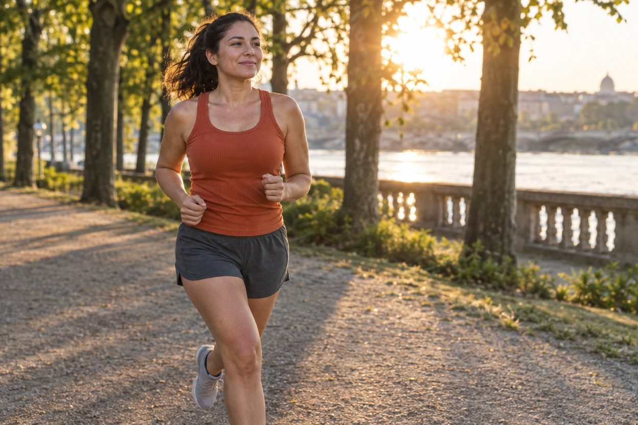 A runner in a rust-colored top jogging beside a lake.