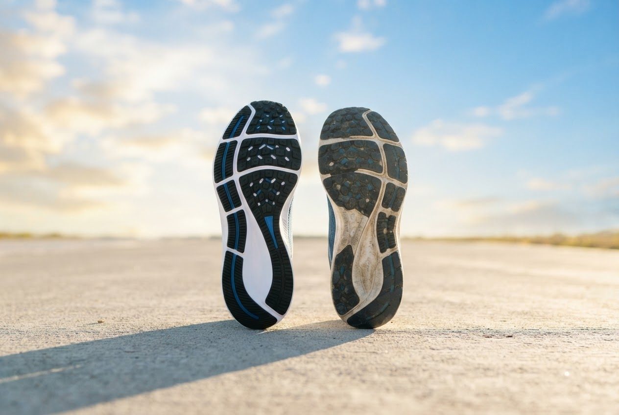 Two running shoe soles side by side on a clean bright surface in cheerful daylight, one newer than the other