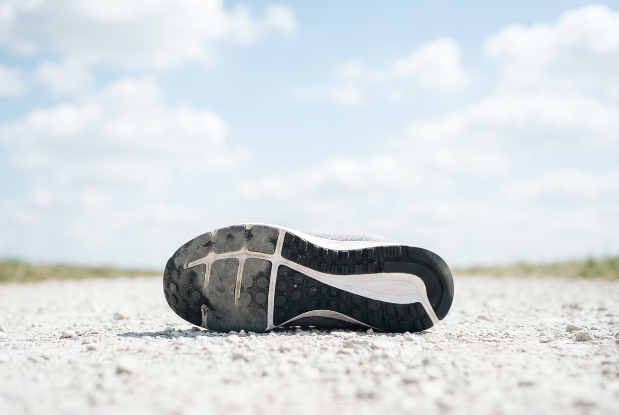 Close view of a running shoe sole in bright light showing worn and unworn tread side by side