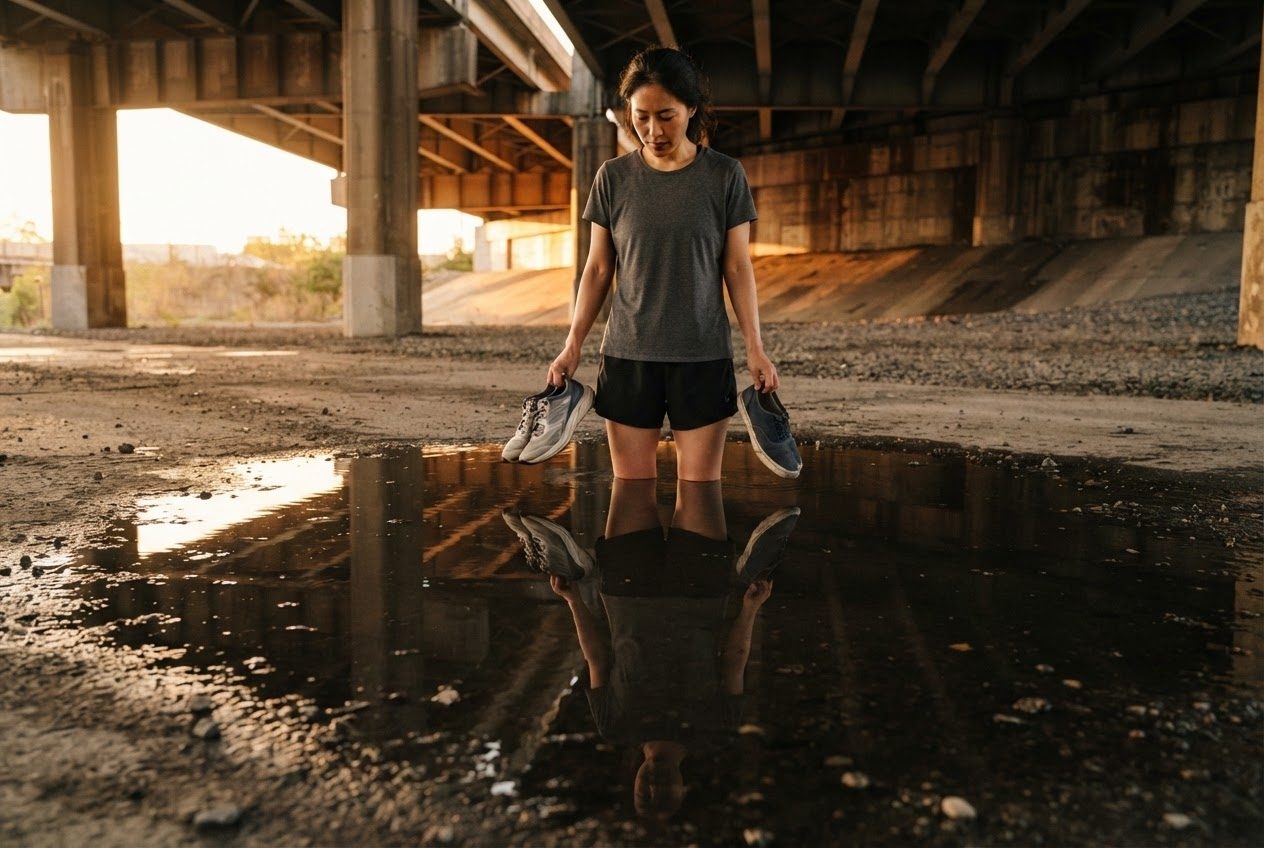 A Korean woman in her thirties, an ordinary beginner runner, compares a flexible running shoe with a plain everyday sneaker, holding one in each hand beneath a bridge underpass