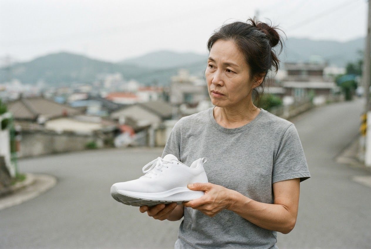 A Korean woman in her fifties, an ordinary beginner runner, presses a thumb into the midsole of a plain unbranded running shoe to check its cushioning on a hillside road above roof