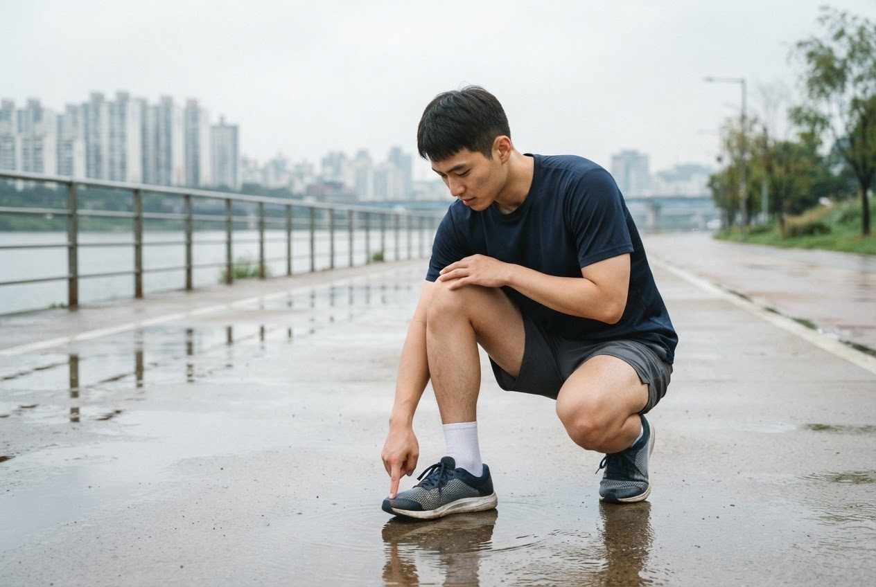 A Korean man in his twenties, an ordinary beginner runner, checks the empty toe space inside a loosely laced running shoe before setting off on a wide riverside path in a Korean ci