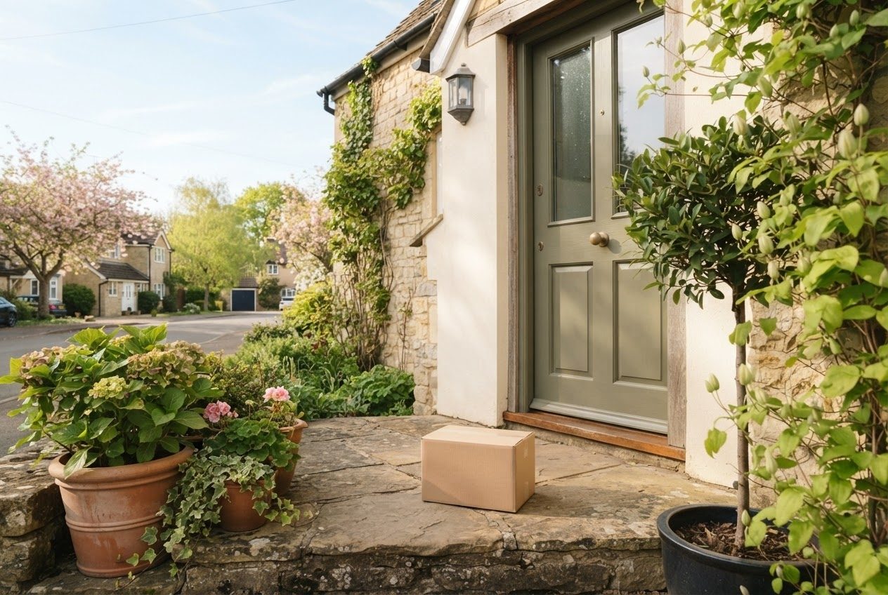 A small plain cardboard parcel resting on a doorstep in soft morning light, no labels or writing visible