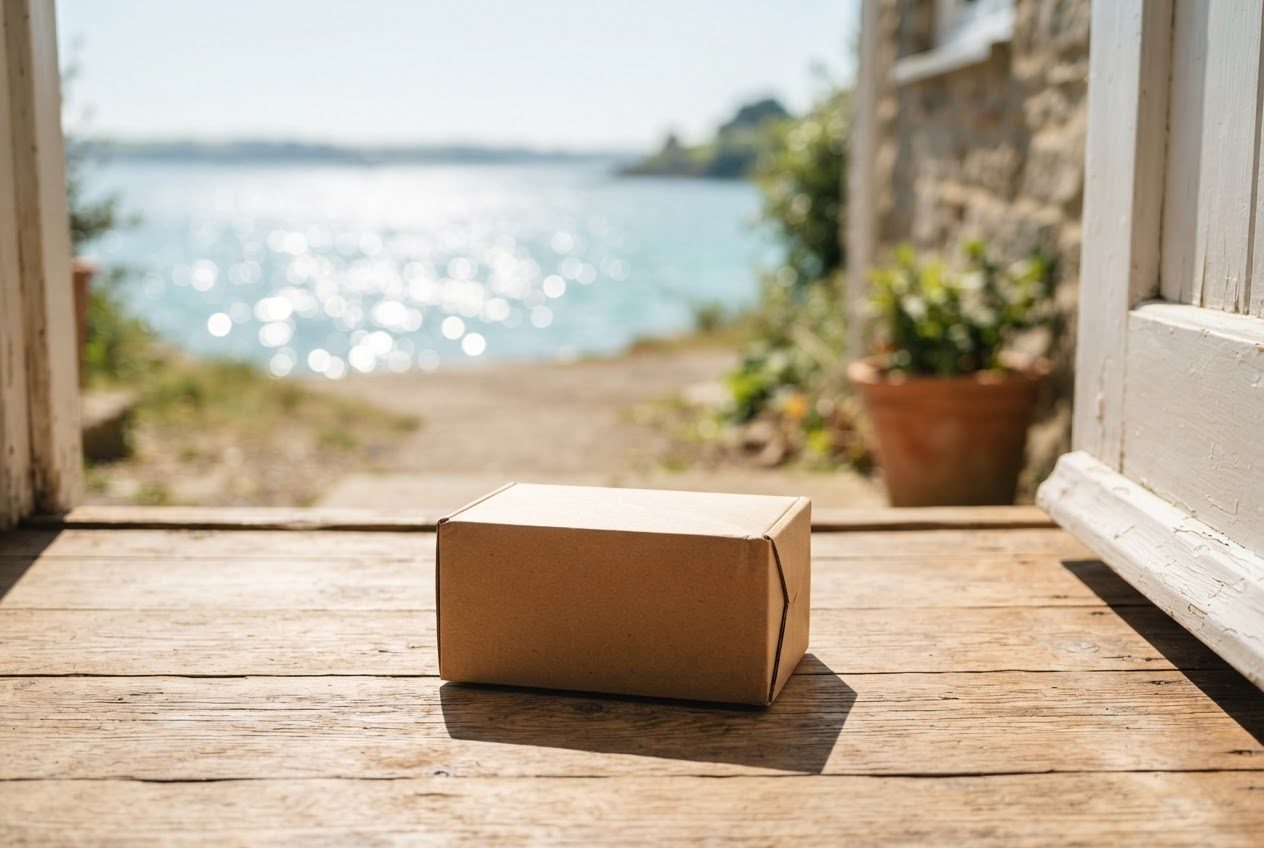 A small plain parcel resting on a sunny doorstep, no labels visible