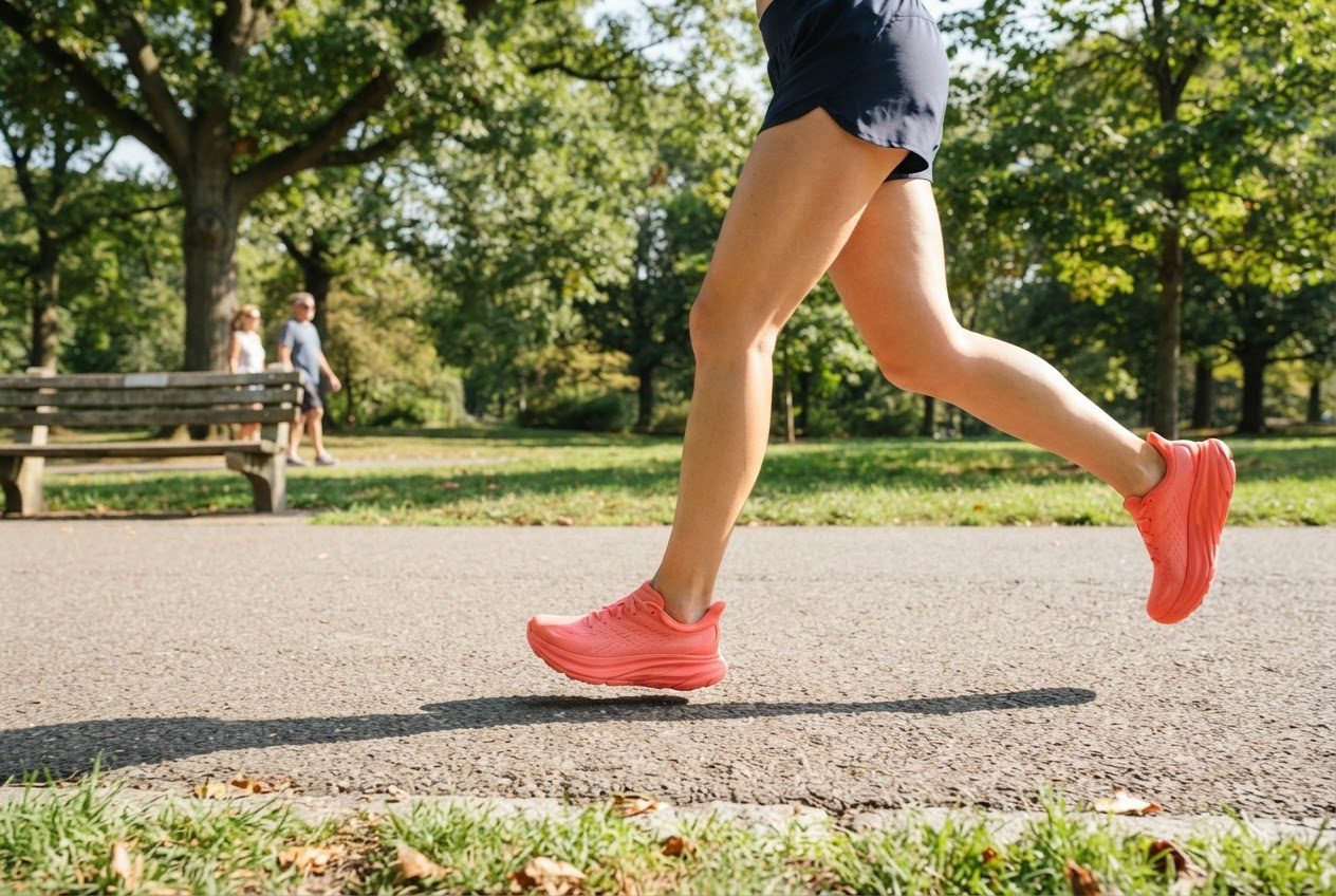 Low ground-level side view of a runner's lower legs and bright coral cushioned running shoes with completely blank smooth sides and heel, no lettering or symbols anywhere on them,