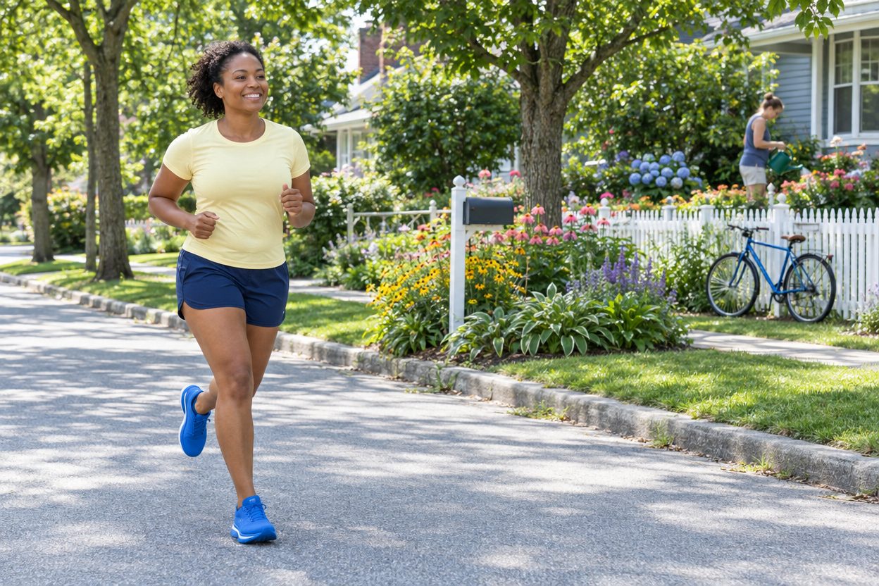 A Black woman in her 30s with an average build jogs with short, quick, relaxed steps down a sunny tree-lined neighborhood street, shoulders loose, hands soft, smiling
