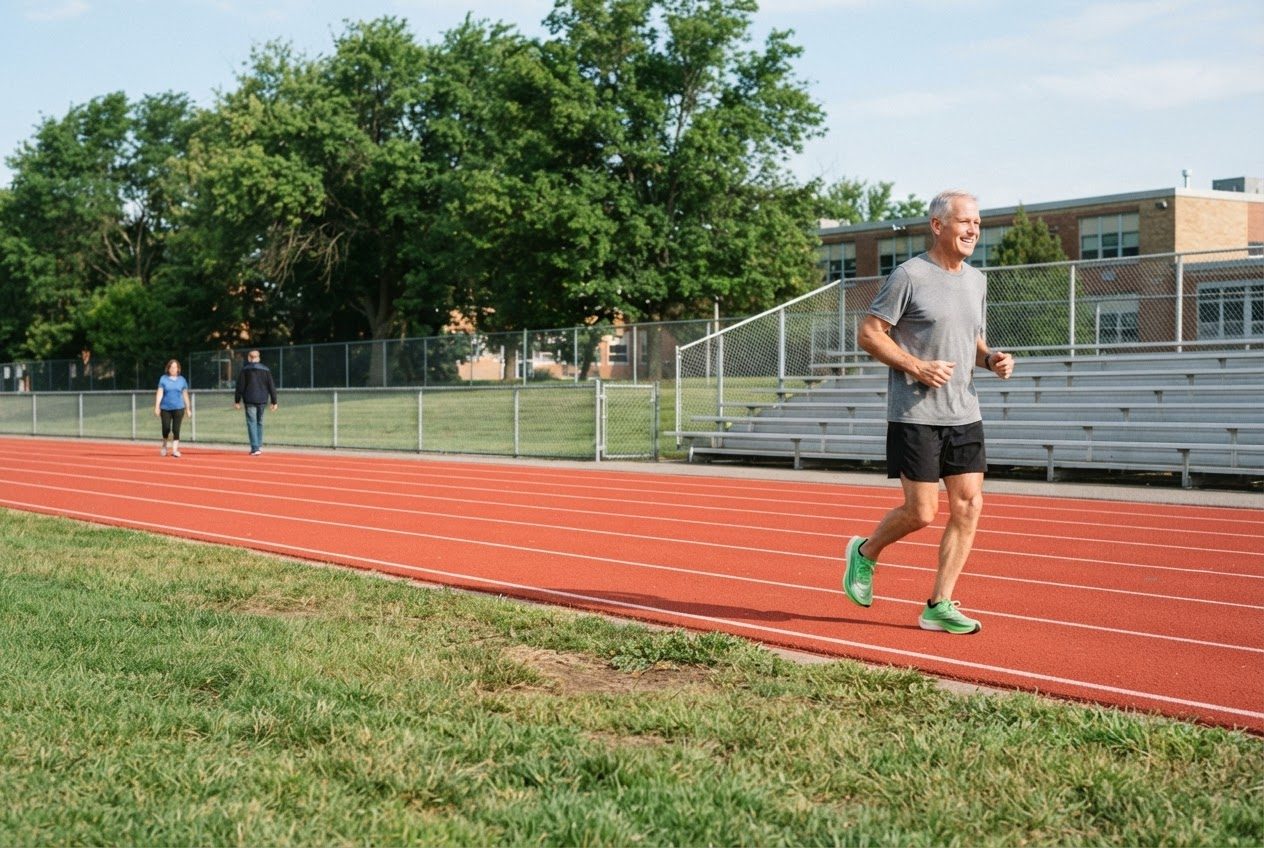A white man in his 60s with gray hair and an ordinary build jogs easily around a red high school running track on a sunny morning, short light strides, relaxed smile