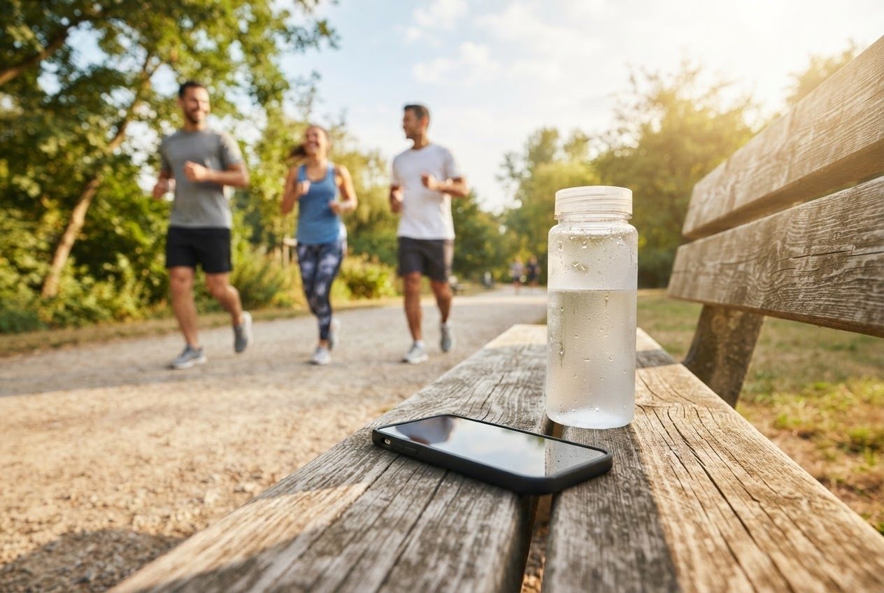 A smartphone on a sunlit bench in bright summer light beside a cold water bottle, clean and airy