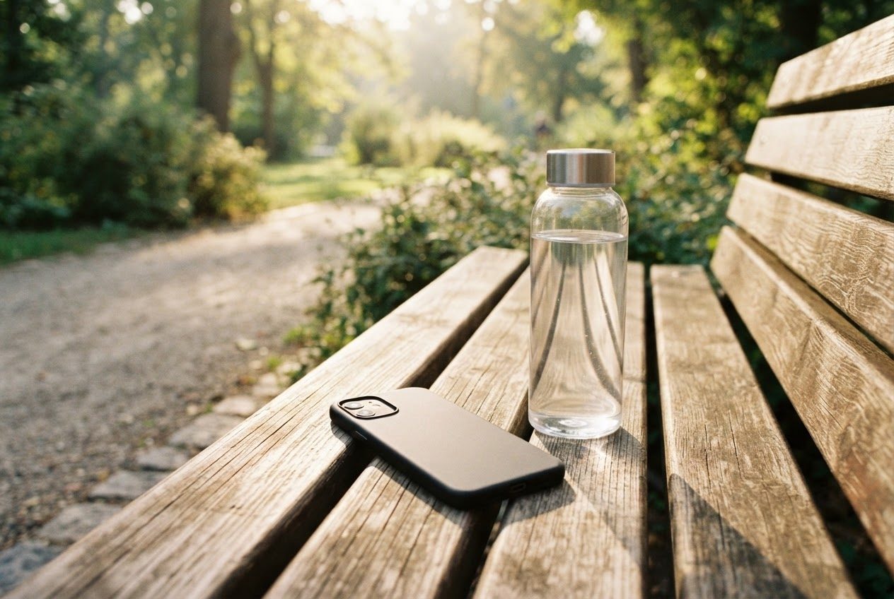 A smartphone lying face down on a sunny bench beside a water bottle, bright clean light