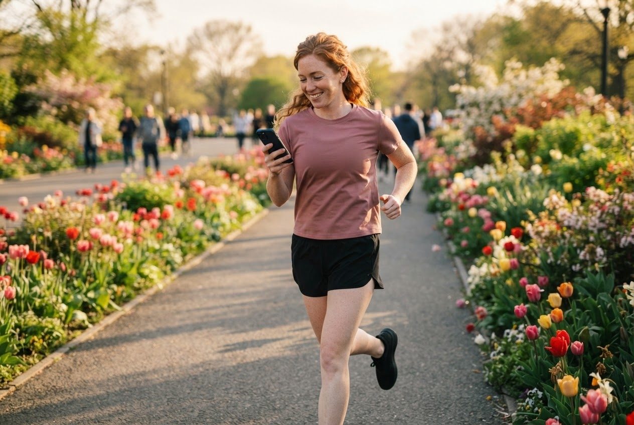 A hand gripping a phone mid-run with the arm swing visibly restricted, the runner glancing at it awkwardly