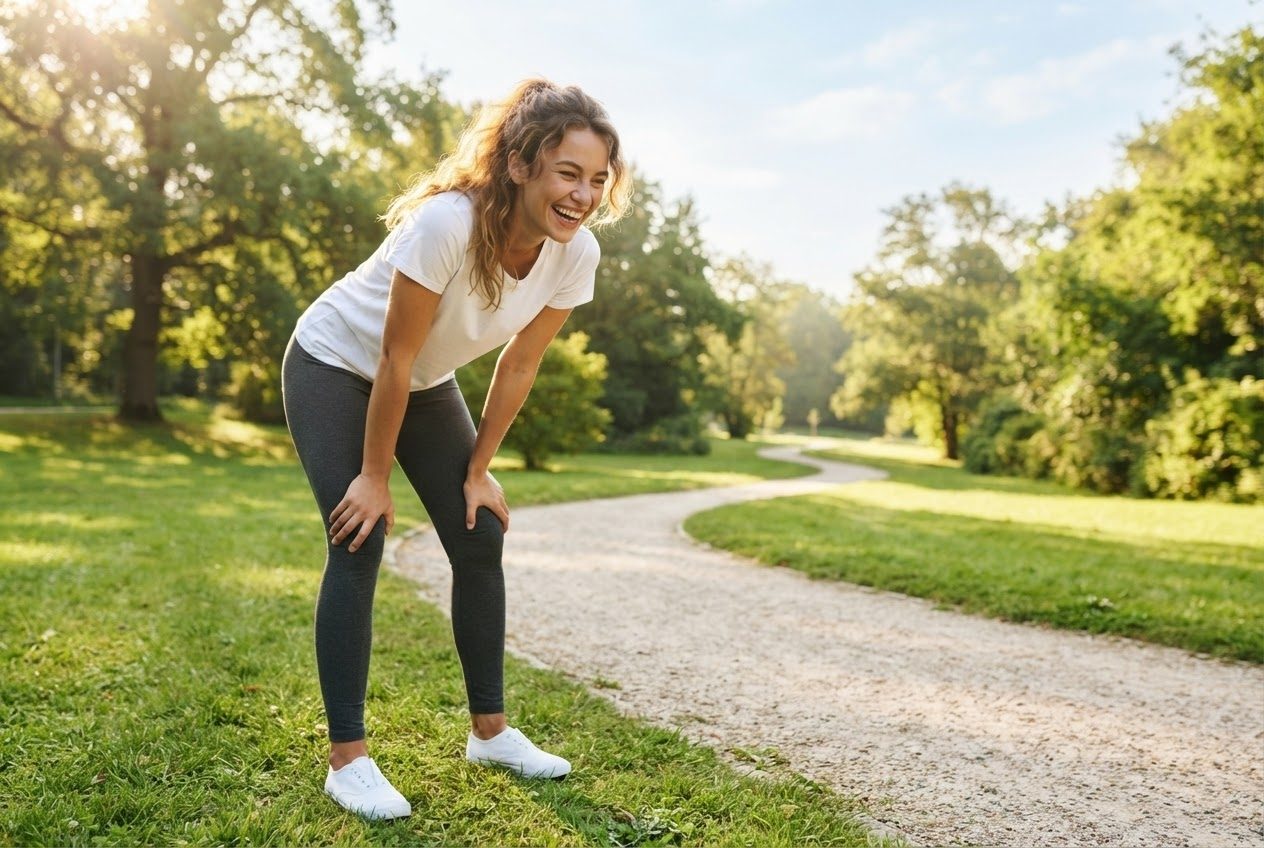 A young woman catching her breath at the side of a bright green park path, laughing at herself, sunny and good-humoured