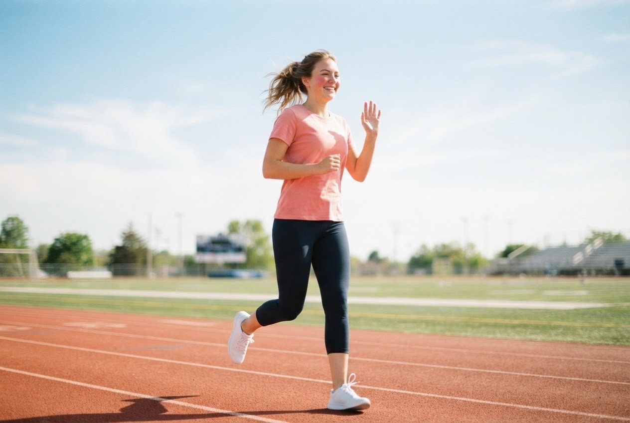A runner waving to someone across a bright park path mid-run