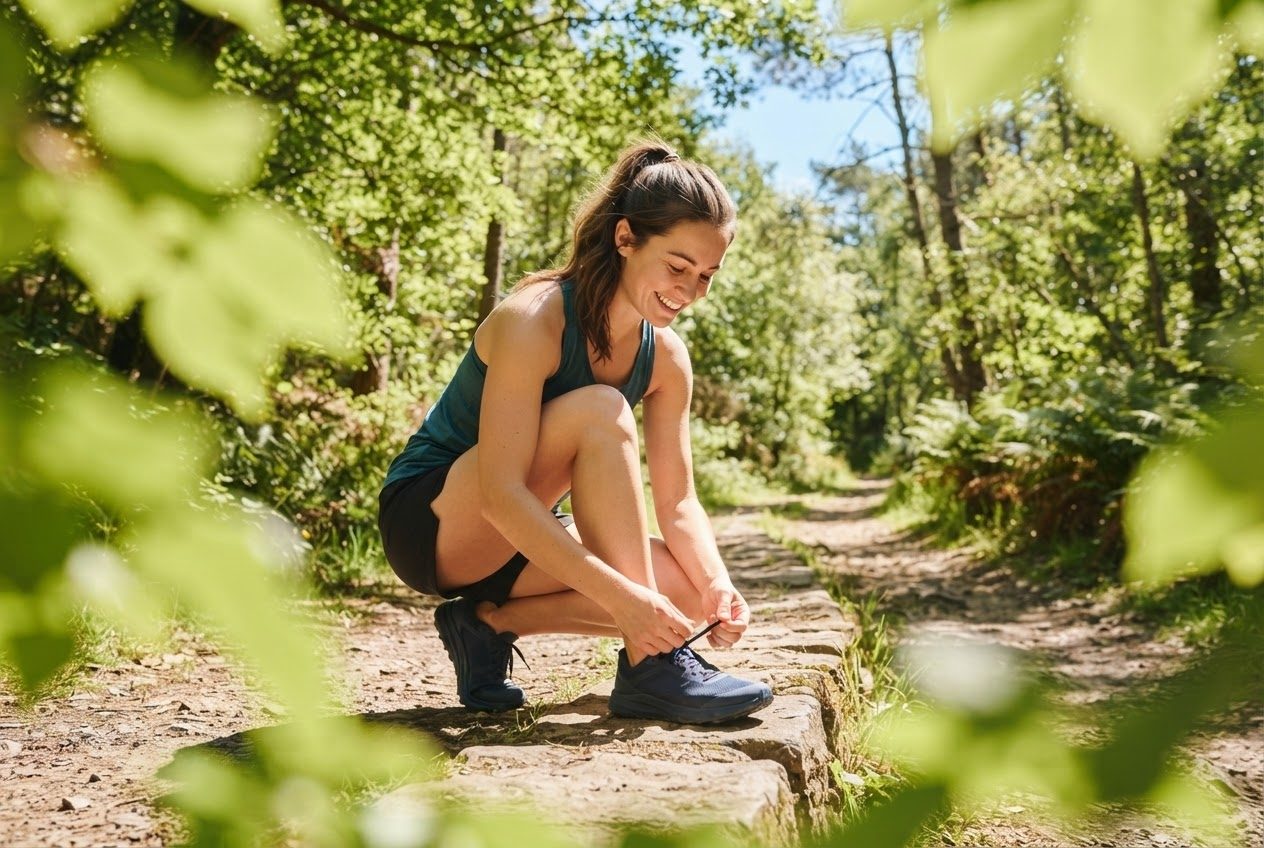 A runner tying a shoelace on a sunny kerb, cheerful and ready