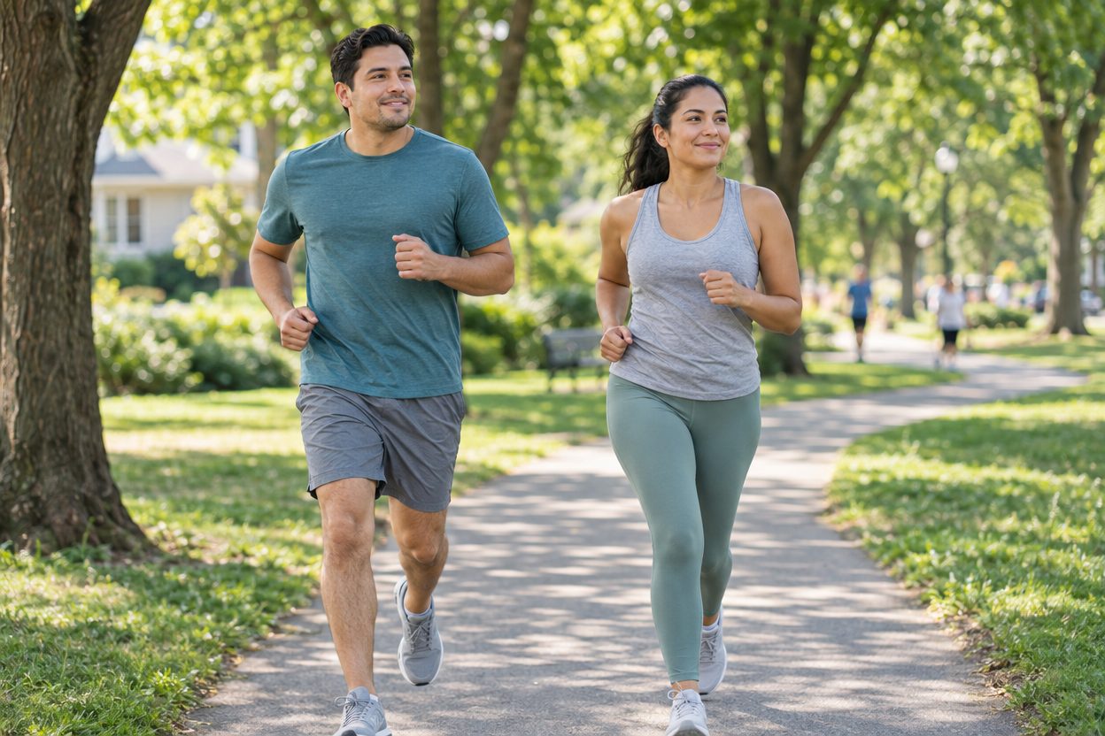 Two adults jogging at an easy, relaxed pace side by side along a sunny tree-lined park path in an ordinary neighborhood