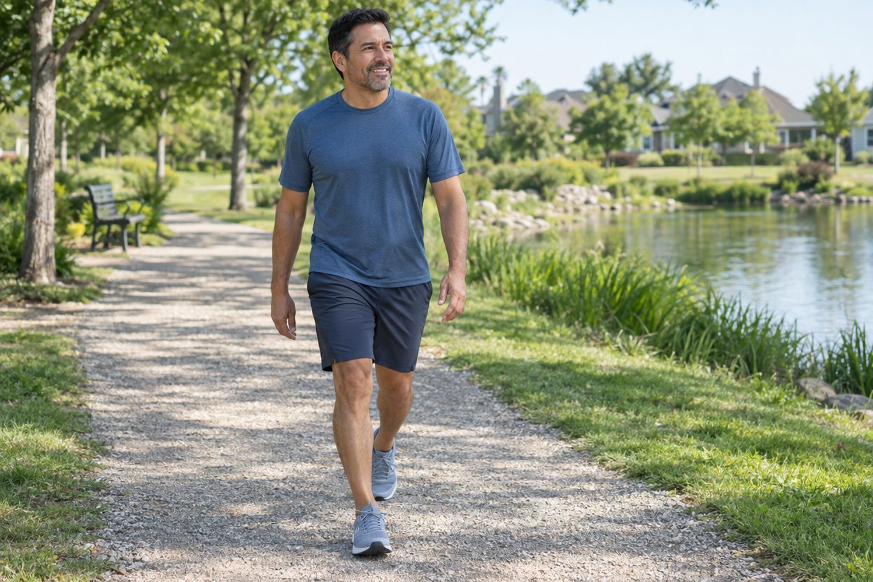 A man in his forties walking briskly on a sunlit gravel trail through a quiet suburban American park, hands empty and relaxed at his sides