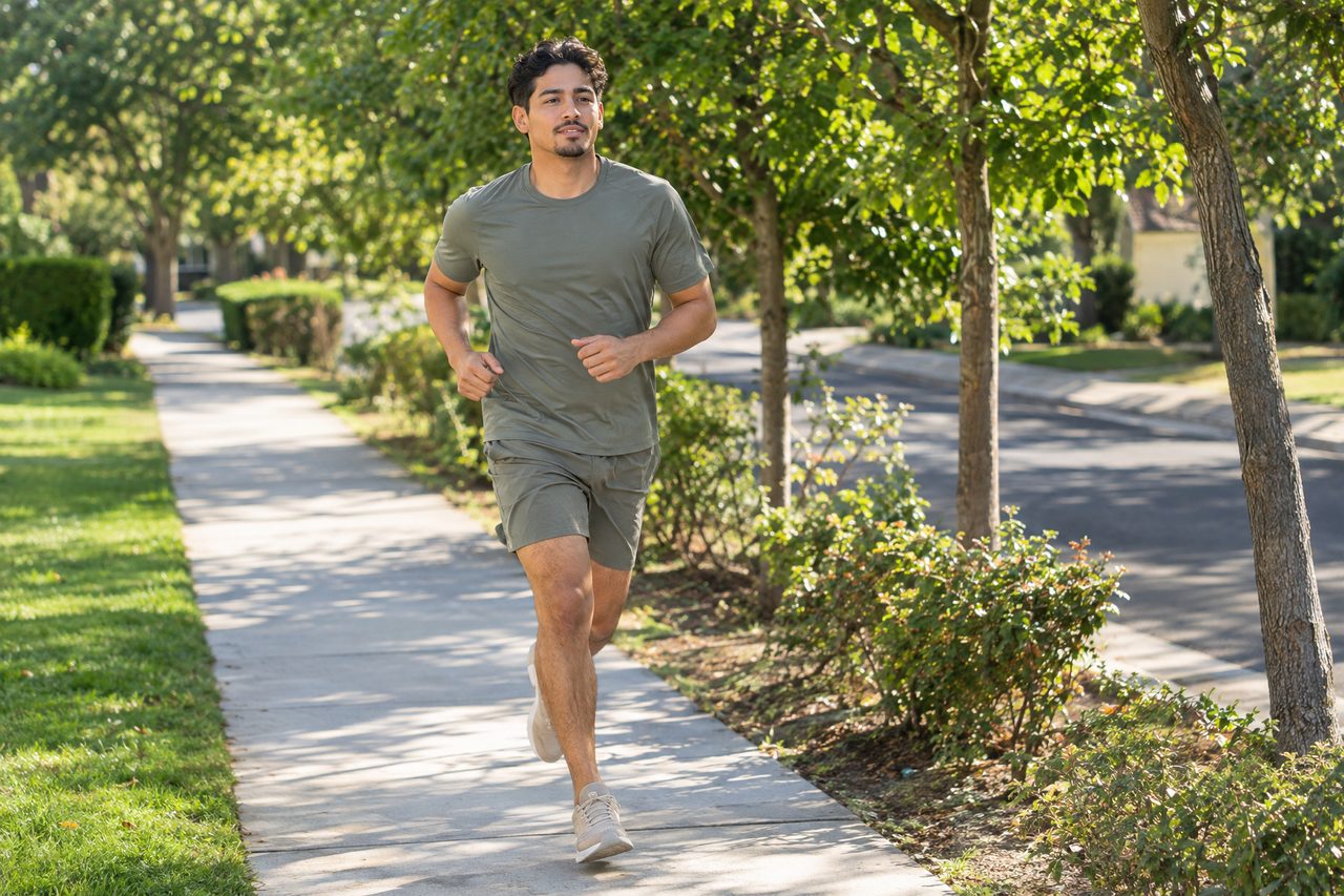 A Hispanic man in his thirties jogging at a steady, comfortable pace alone along a sunlit suburban sidewalk lined with trees