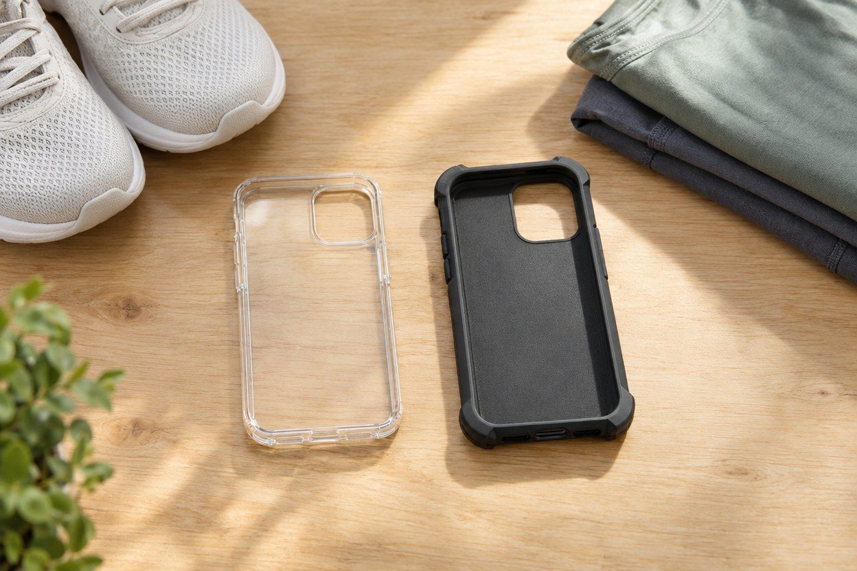 A clear phone case and a black case lie on a sunlit wooden table beside white sneakers and folded green and gray clothing; no people are visible