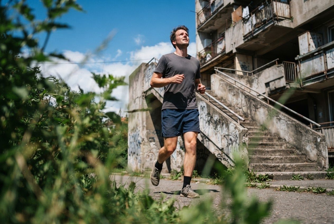 A white man in his thirties, an ordinary beginner runner, pauses to read the sky and conditions before continuing at an easy pace beside the concrete stairs of an apartment complex