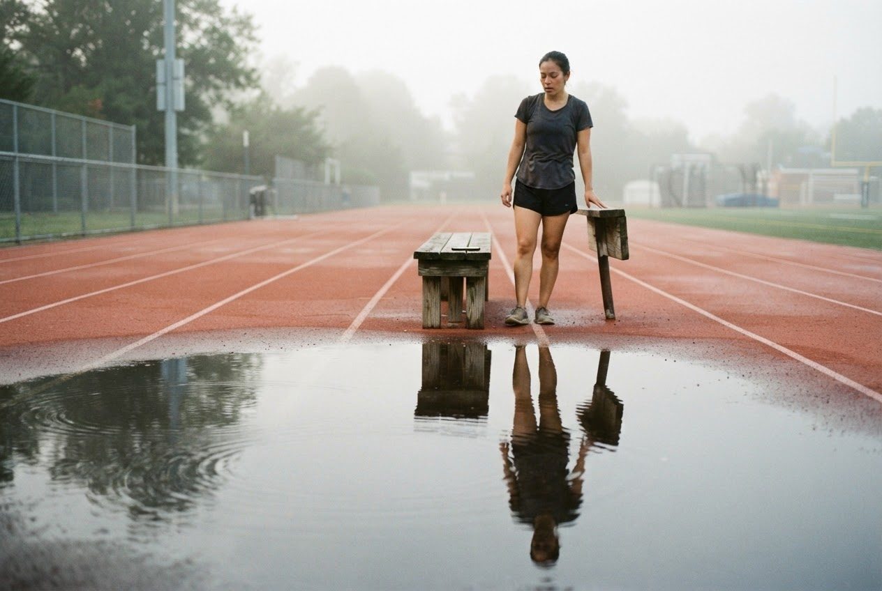 A Latina woman in her twenties, an ordinary beginner runner, pauses beside a dark-screen smartphone resting face down on a bench at an empty school running track
