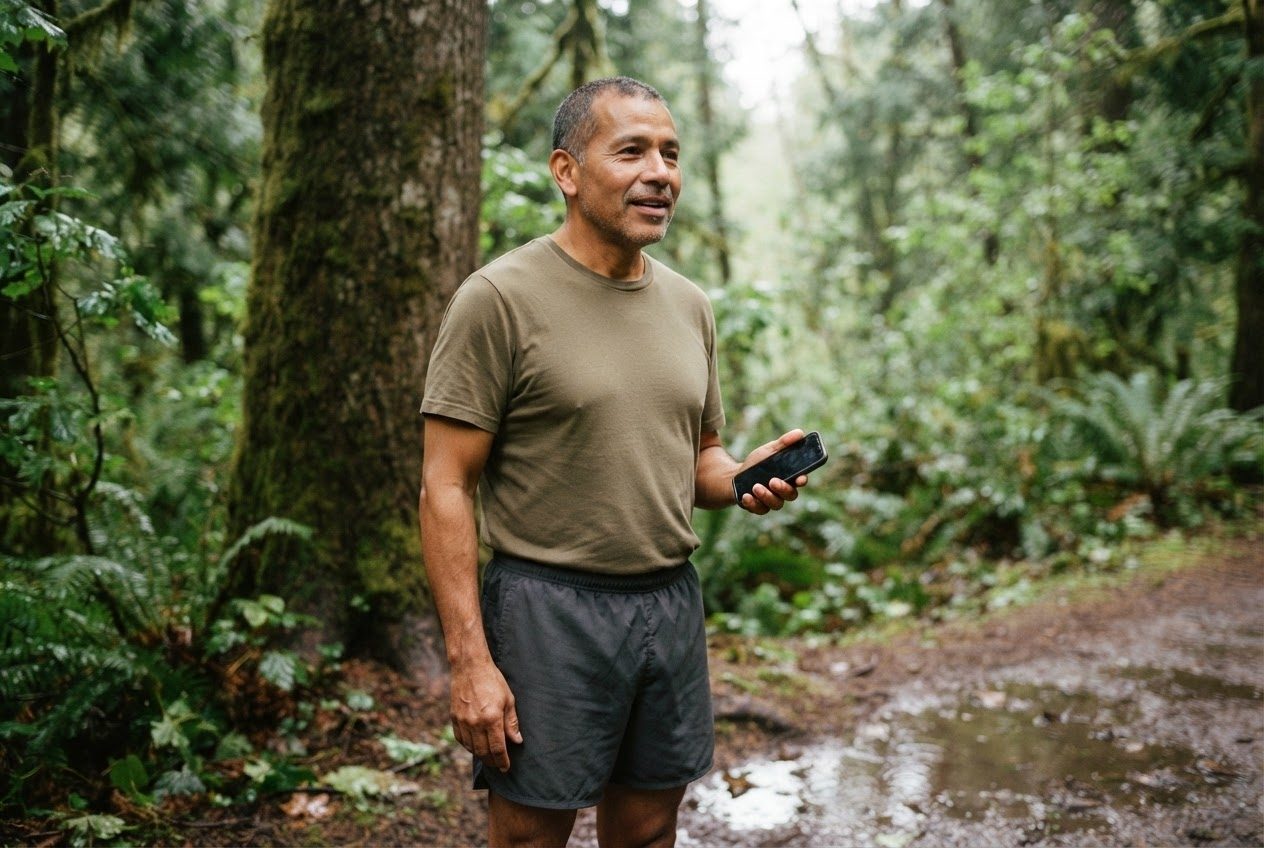 A Latino man in his fifties, an ordinary beginner runner, pauses beneath a tree with a dark-screen smartphone held loosely in one hand and open air around it on a shaded forest tra