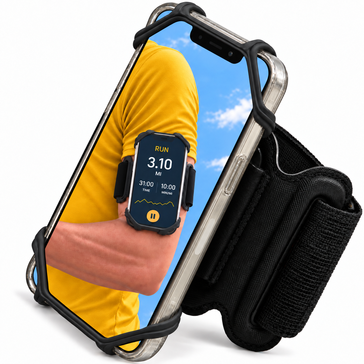 Black LULURUN silicone phone holder and closed armband strap, with a wearing example shown on the phone display