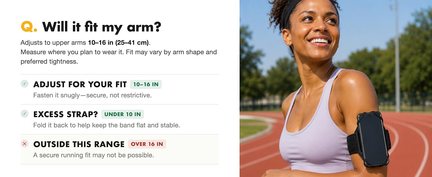 Runner in a lavender top wearing the black LULURUN armband on her upper arm at a running track